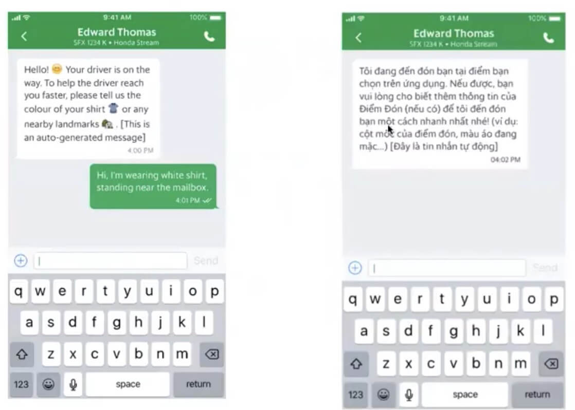 Automated Chat Messaging Feature in English & Vietnamese (Source: Grab)
