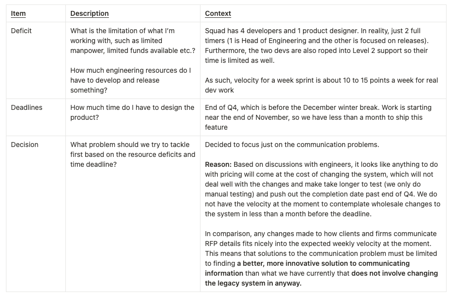 Examples of how I used deficit, deadlines & decision framework.