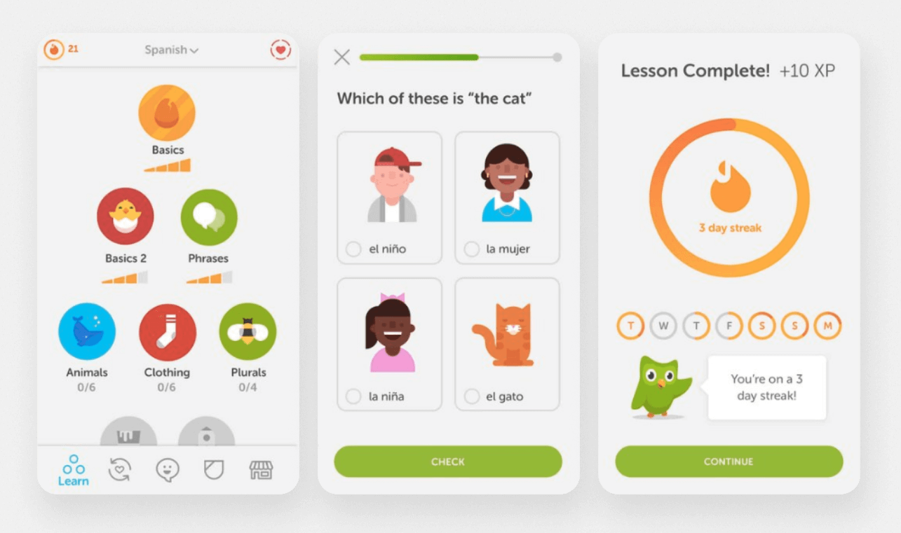Three examples of Duolingo's gamification