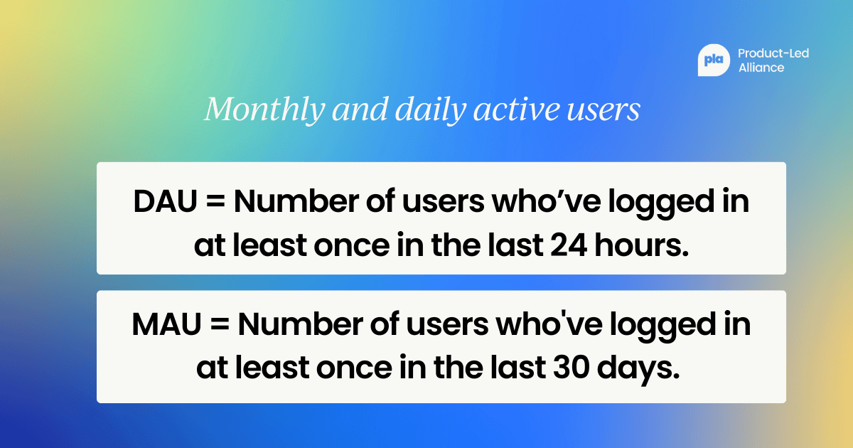 Monthly and daily active users - DAU = number of users whoâve logged at least once in the last 24 hours. MAU = number of users who've logged in at least once in the last 30 days.