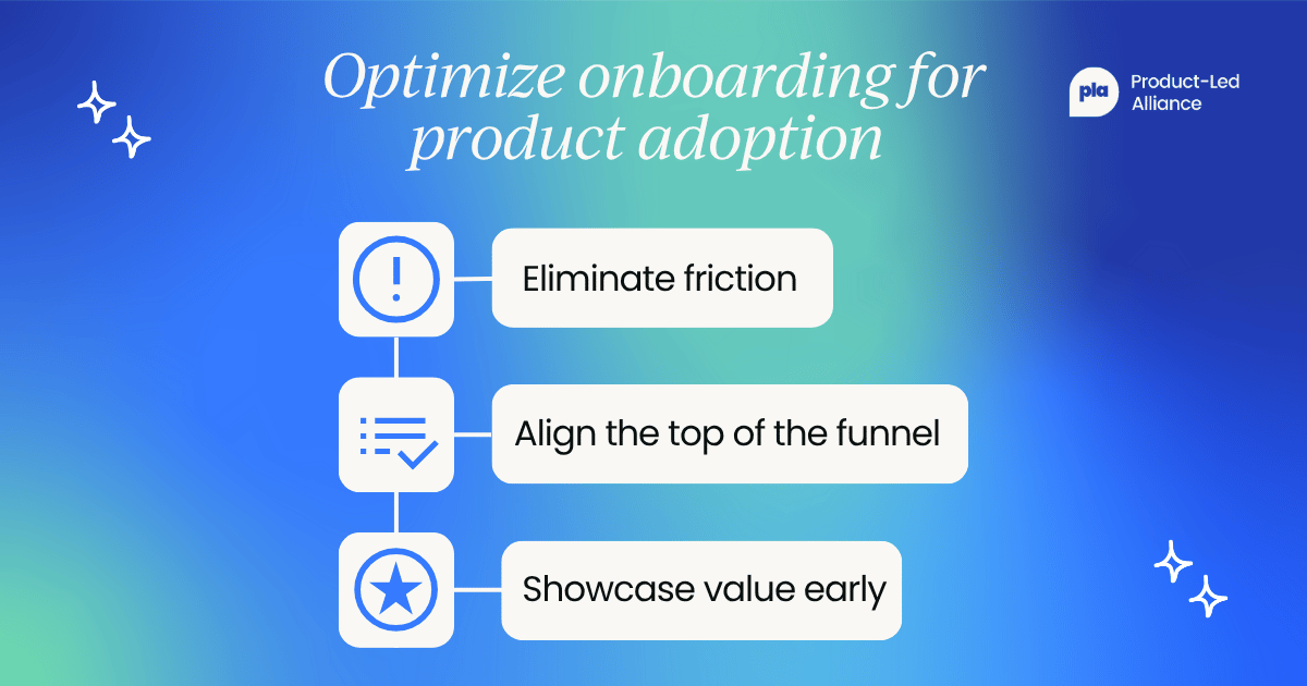 Infographic outlining three onboarding tips to improve product adoption: eliminate friction, align the top of the funnel, and showcase value early.