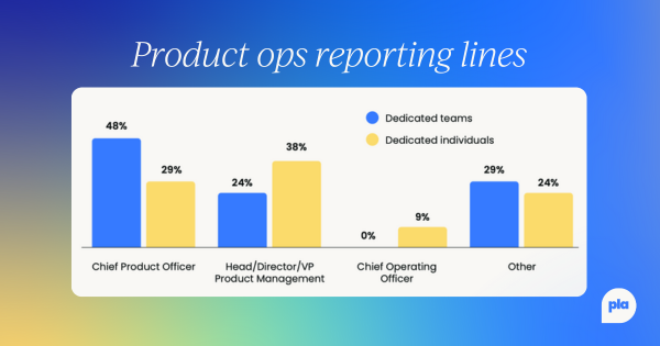 A bar chart comparing reporting structures for dedicated teams and individuals. 48% of teams report to the Chief Product Officer, 24% to Product Management leadership, 0% to the COO, and 29% to other roles; individual contributors show slightly different proportions.