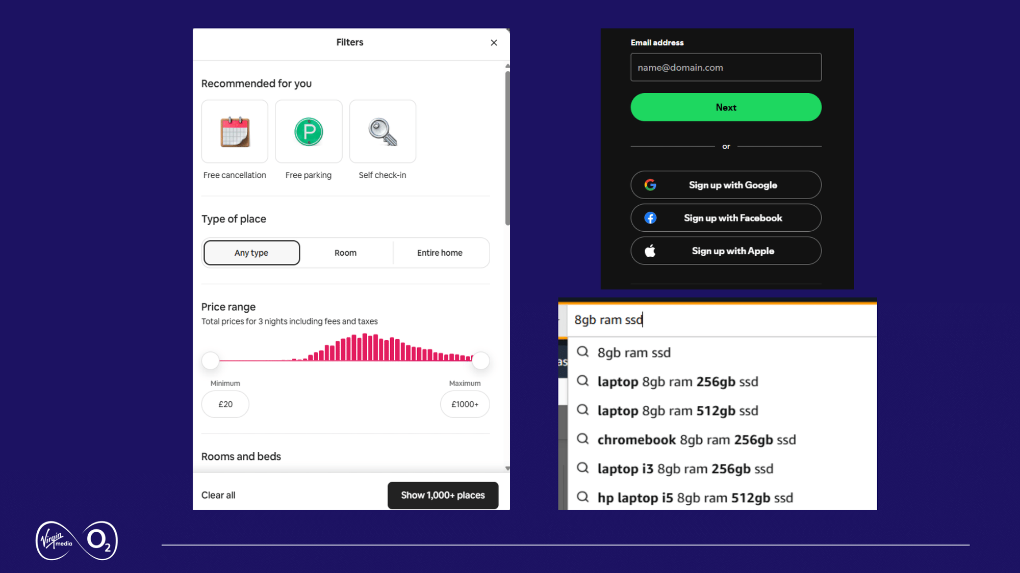 Screenshots of simplified filters, one-click sign-in options, and accurate search autocomplete results demonstrating streamlined, customer-first digital experiences.