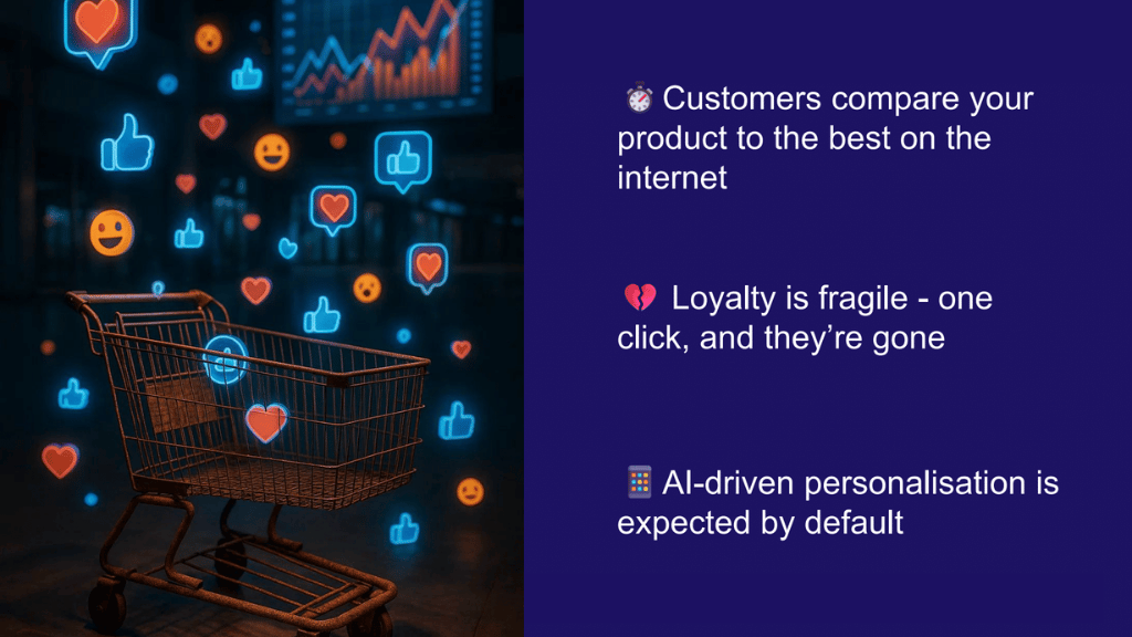 Shopping cart surrounded by floating social media reaction icons with text highlighting that customers compare products to the best online, loyalty is fragile, and AI-driven personalisation is expected.