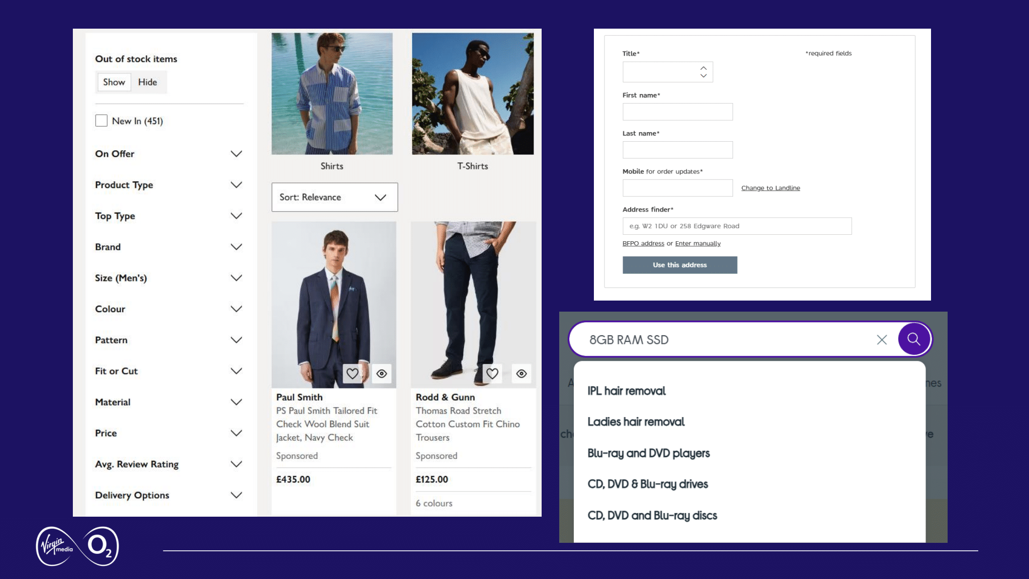 Website screenshots showing an overwhelming number of filters, a long mandatory form, and irrelevant search suggestions to illustrate disjointed, siloed customer experiences.