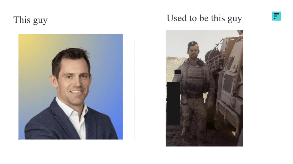 Side-by-side photos of John Martin, showing him today as a CPO in business attire and previously as a military officer in uniform during deployment.